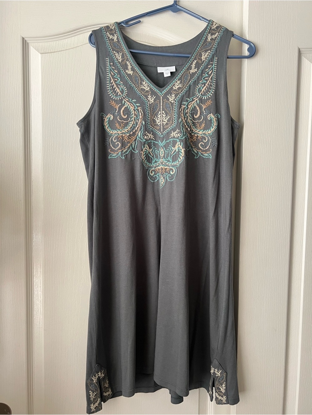 J. Jill Gray Sleeveless Midi Dress with Teal & Cream Embroidery